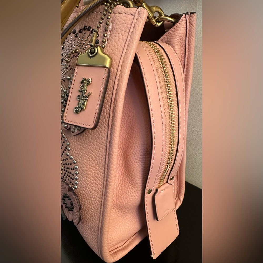 Coach Rogue Tea Rose Shoulder Bag Snake Two Way Handle  Leather Tote EUC - Picture 9 of 16